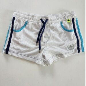 Andrew Christian Mens White Mesh Athletic Shorts Blue Striped Drawstring S